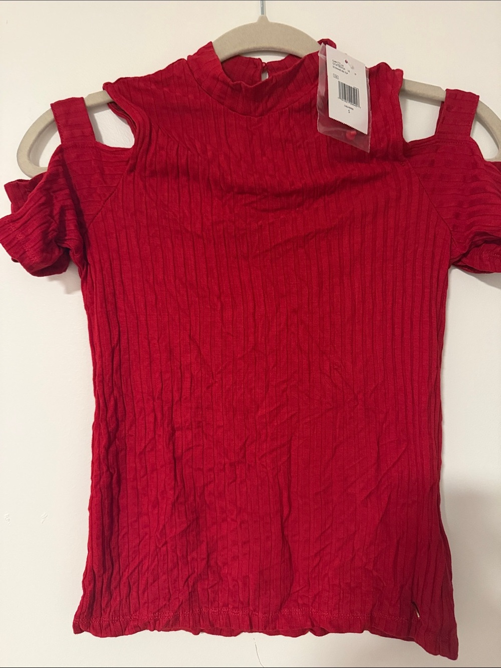 Guess Red Cold-Shoulder Ribbed Short Sleeve Tee